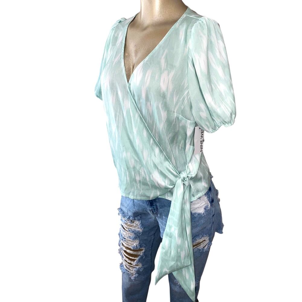 Nine West Puff Sleeve Wrap V Neck Side Tie Blouse Women NWT Medium